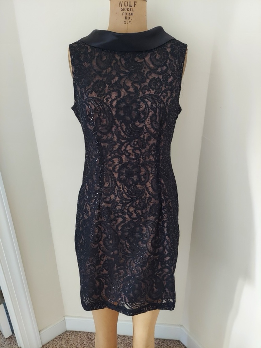SLNY Black Lace Midi Dress with Nude Lining